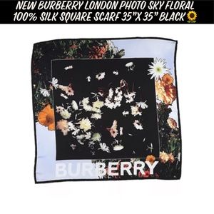 🎉HP🎉NWOT Burberry London PhotoSky Floral 100%Silk Square Scarf 35”x35” Black🌻